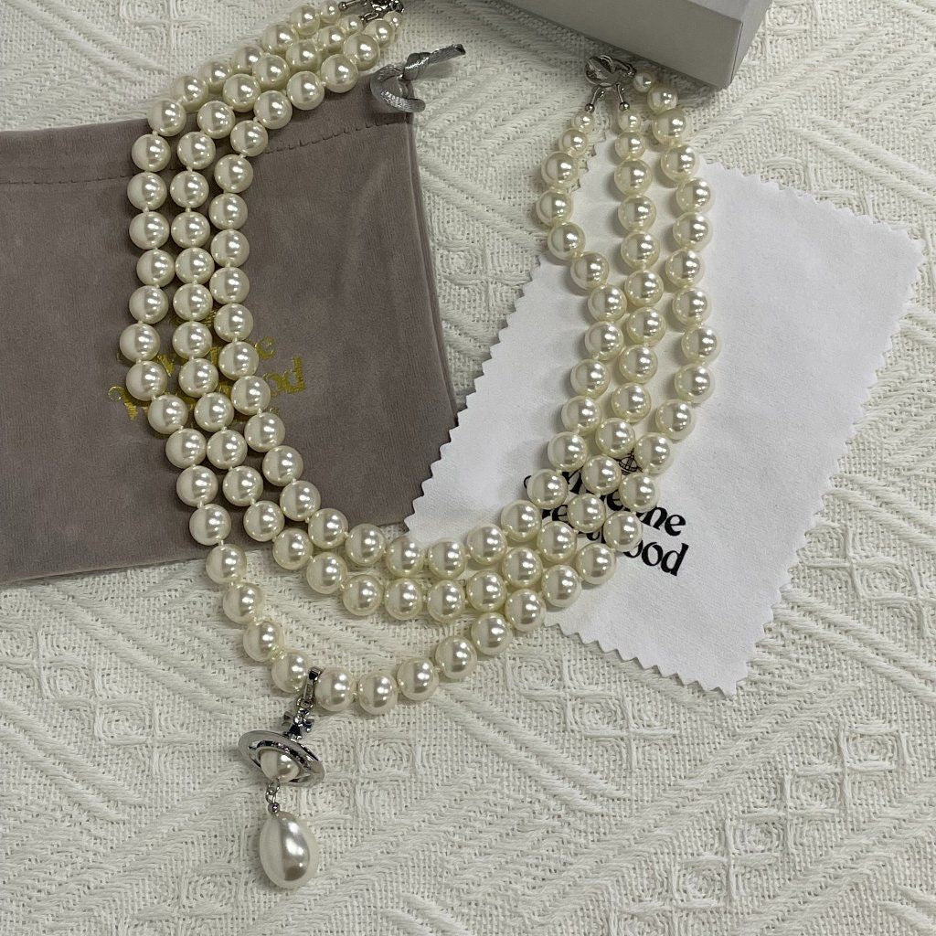 Three row pearl drop necklace